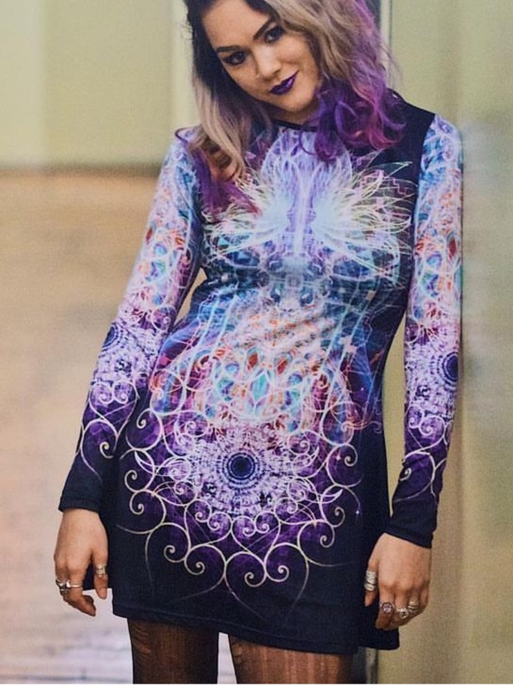 The Headspace Psychedelic Abstract Geometric Long Sleeve Skater Dress - Picture 3 of 4